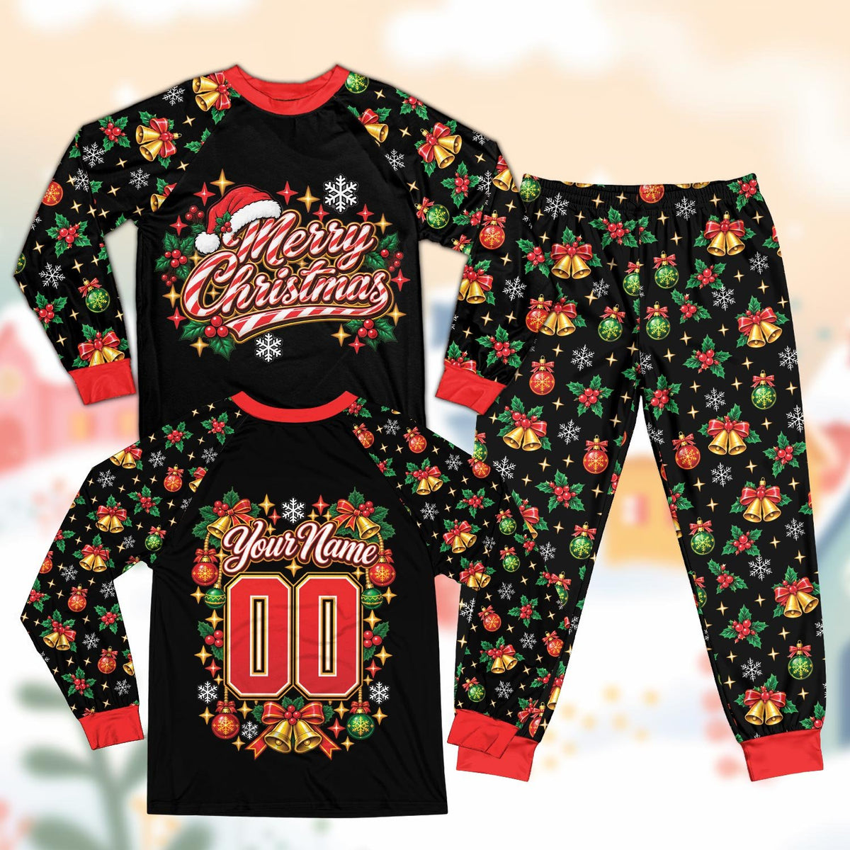 Black front view of the personalized christmas pajama set featuring Santa hat and candy cane design