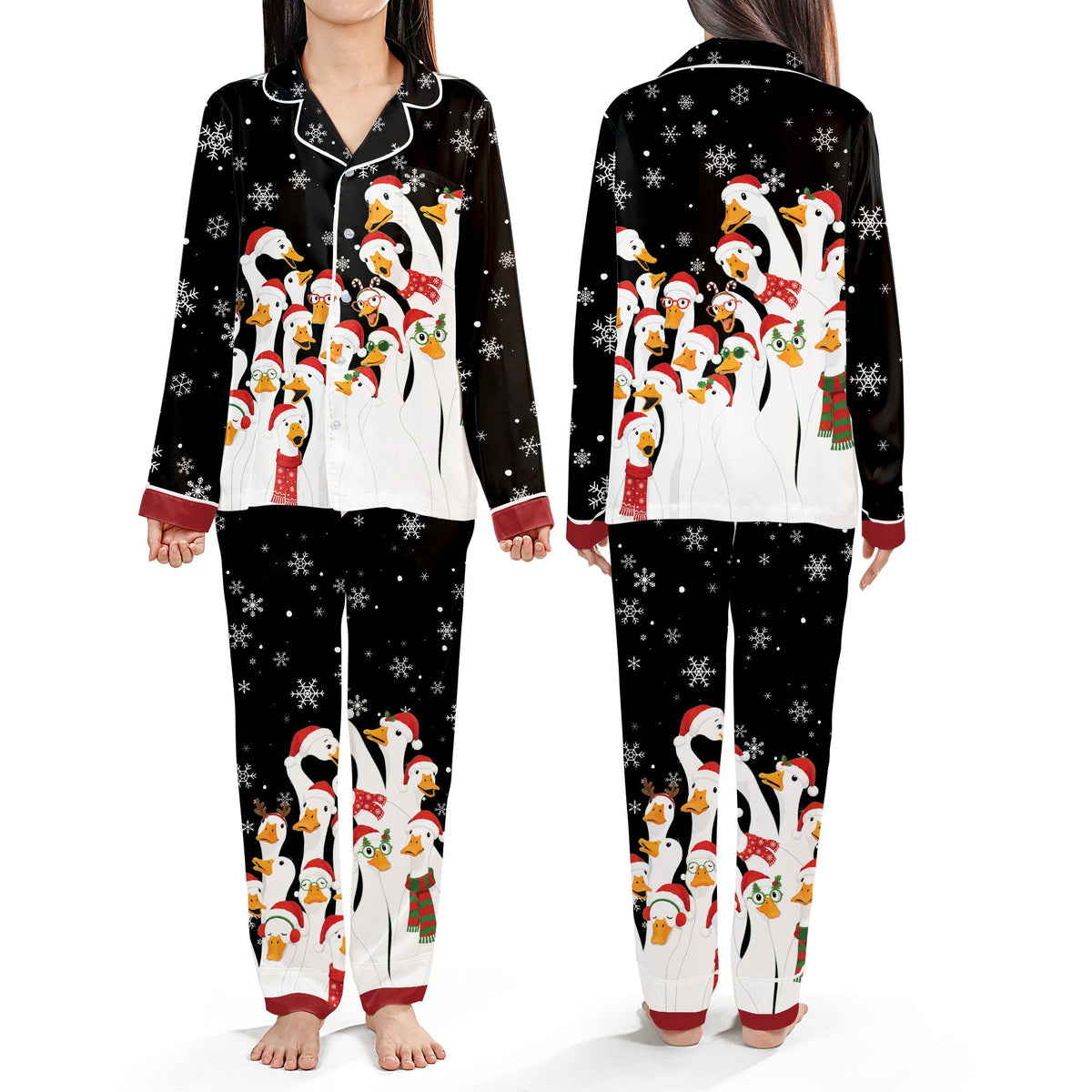 Black christmas pajama set full view with holiday duck pattern