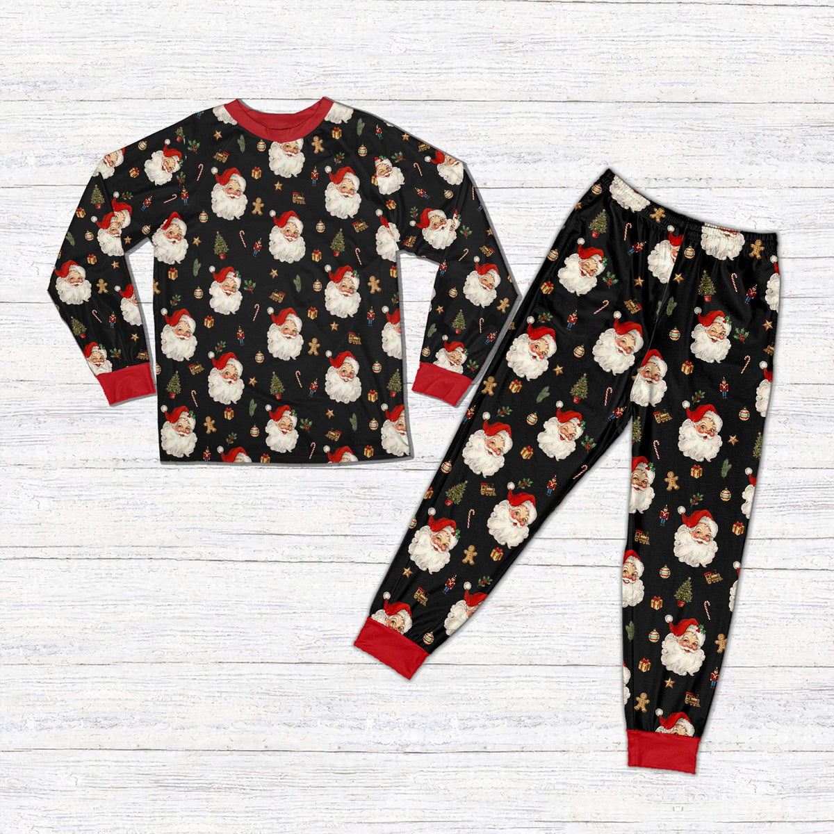 Another front view of the Christmas pajama set highlighting the holiday print.