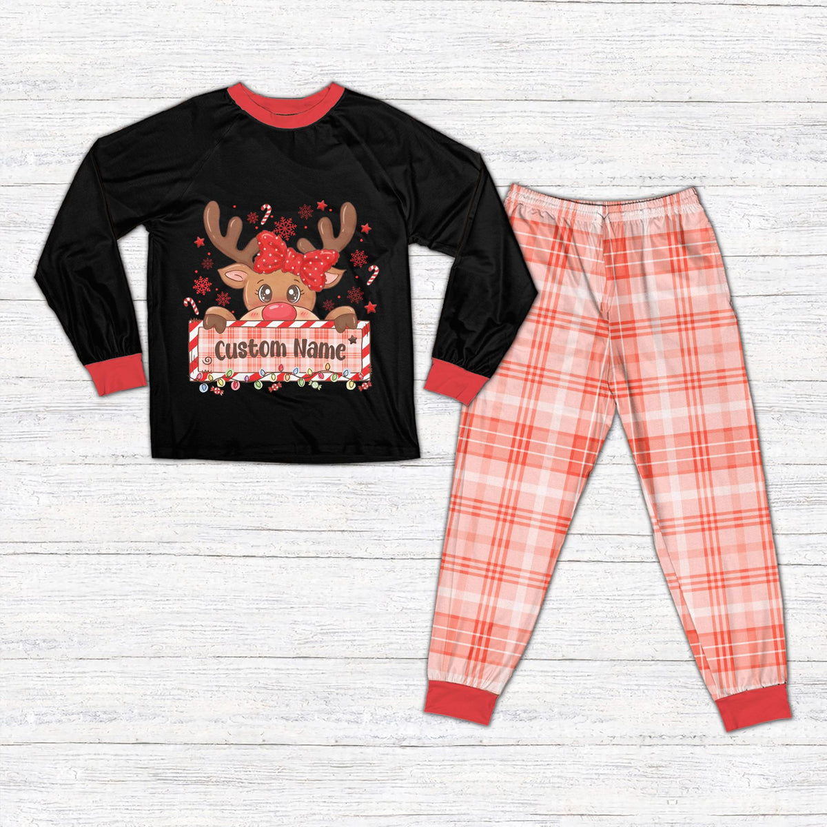 Black shirt custom holiday matching family pajama set, front view