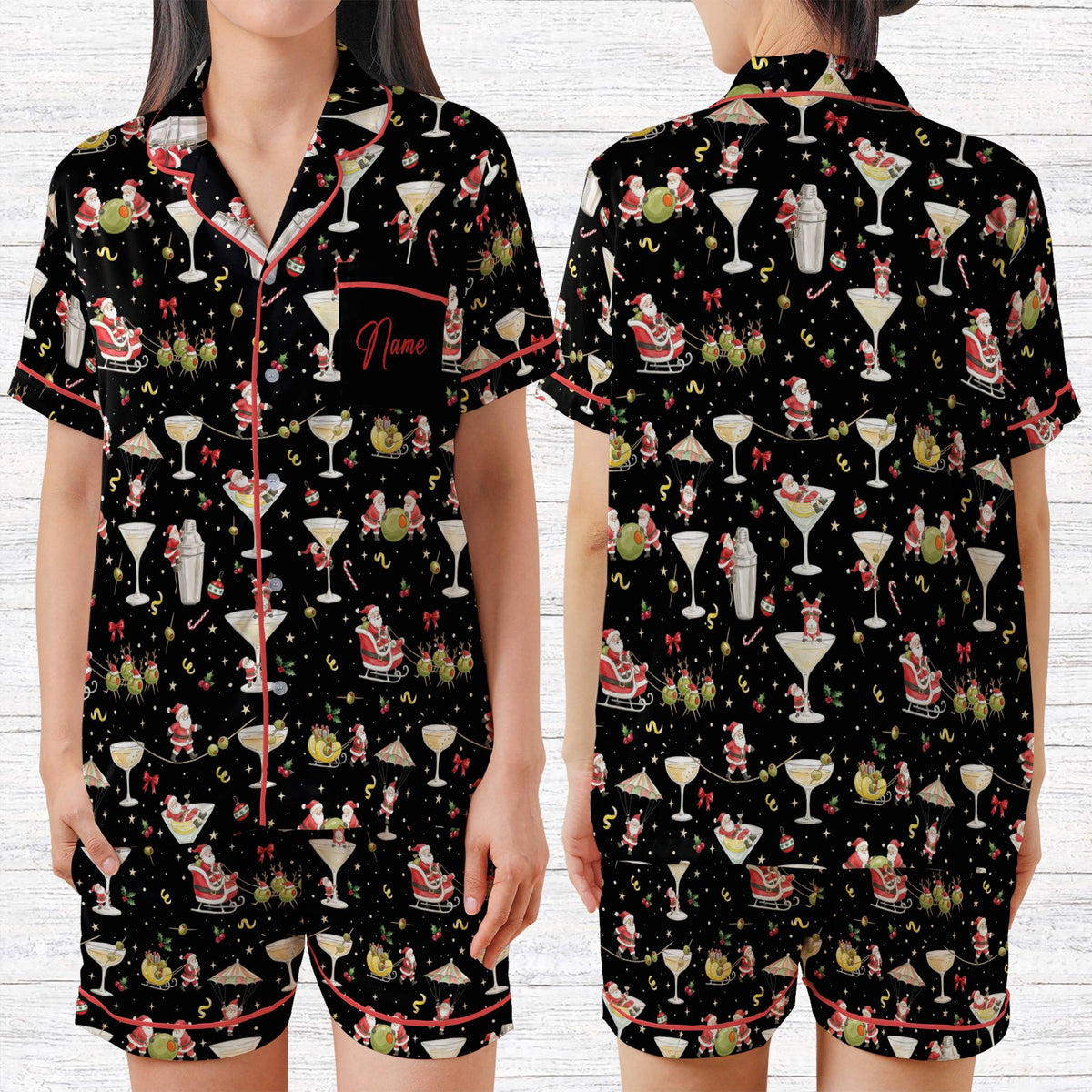 Black festive holiday matching family pajamas with whimsical Santa print