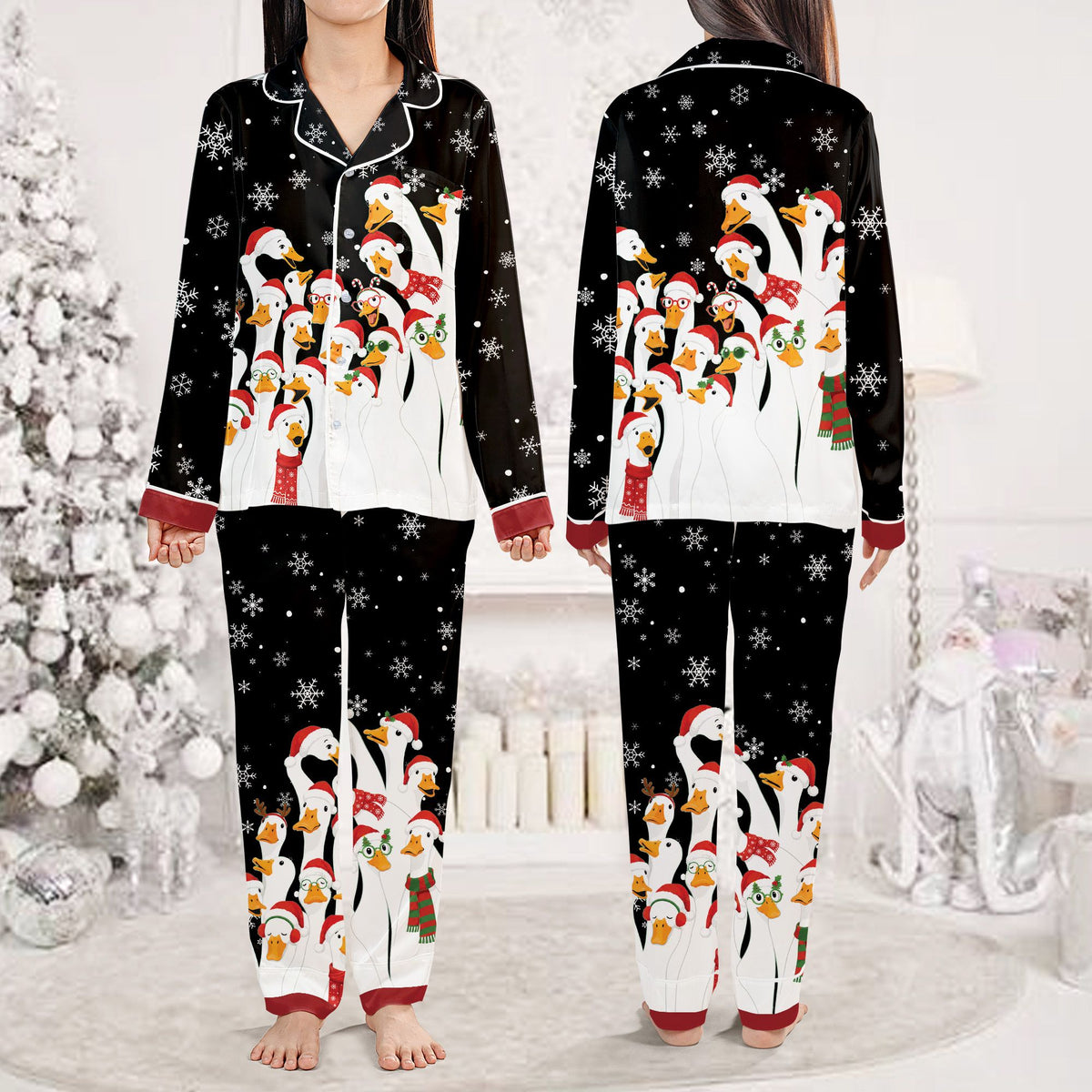 Black christmas pajama set top featuring a holiday duck and snowflake pattern