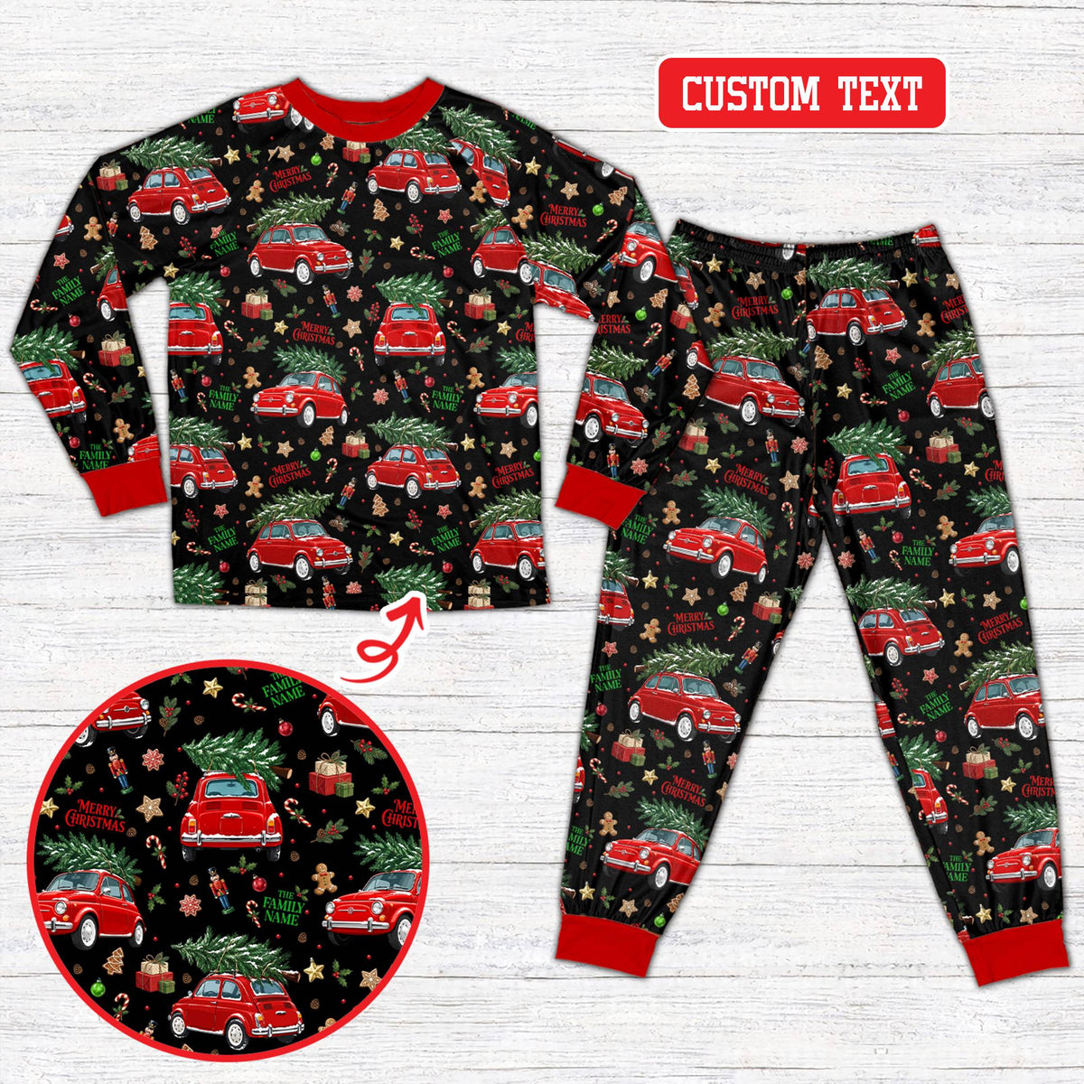 Family wearing matching black holiday pajamas with custom names and numbers, lifestyle view