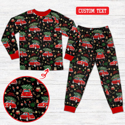 Family wearing matching black holiday pajamas with custom names and numbers, lifestyle view