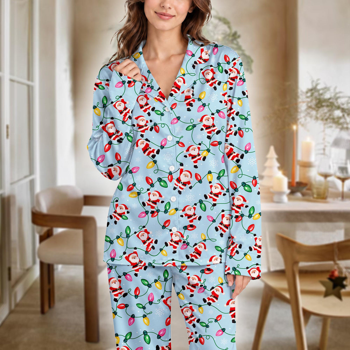 Front view of a blue holiday matching family pajama set showing the printed top and bottoms