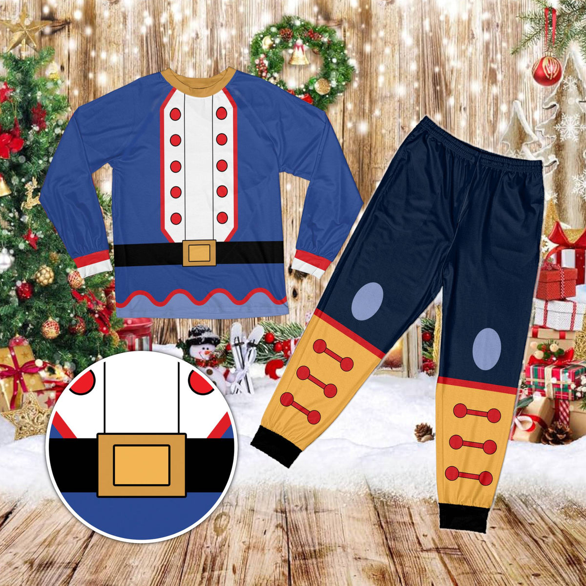 Blue nutcracker costume printed christmas pajama set, front view