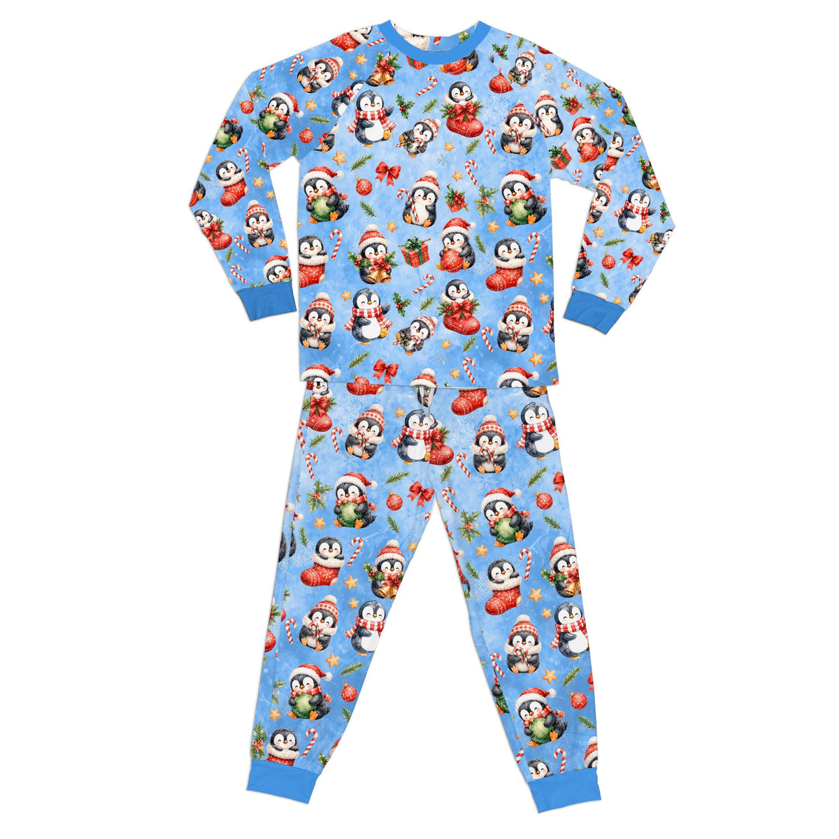 Light blue pajama top and pants set front view showing cuffs