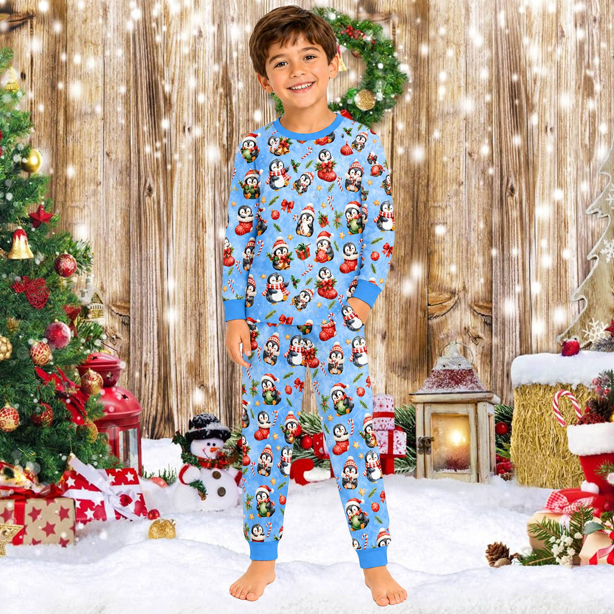 Main view of the matching family christmas pajama set with penguins on a light blue background