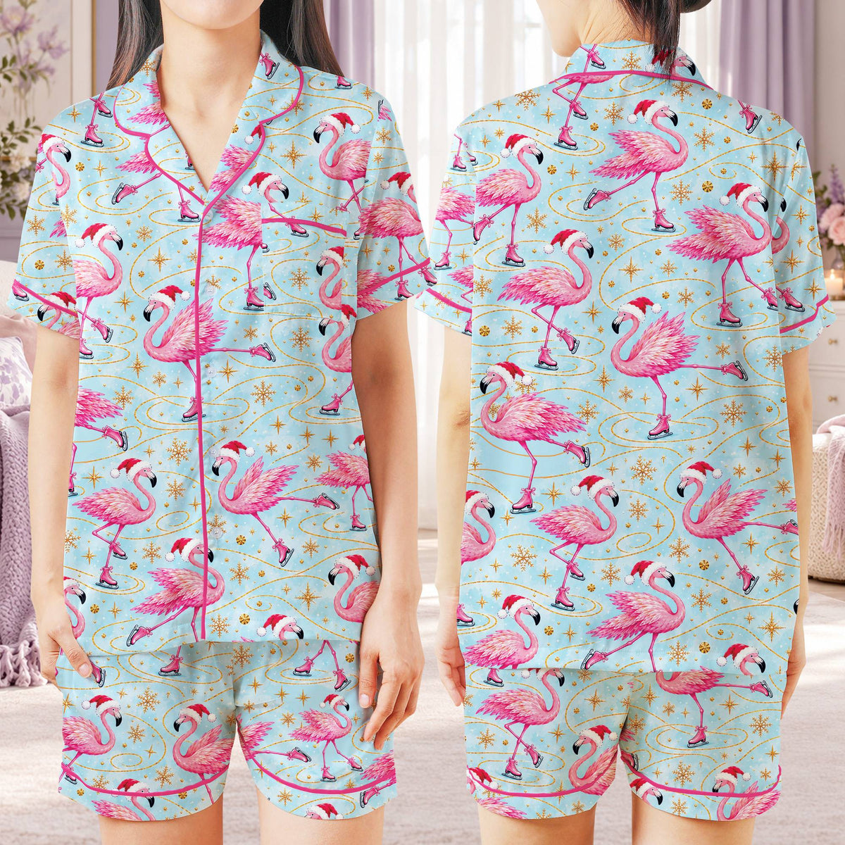 Christmas pajama set front view showing the flamingo and snowflake design
