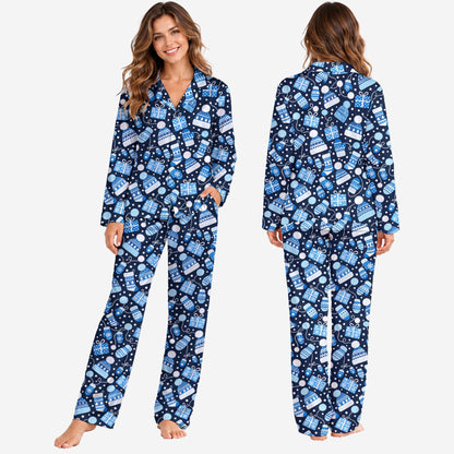 Front view of the blue matching family xmas pajamas