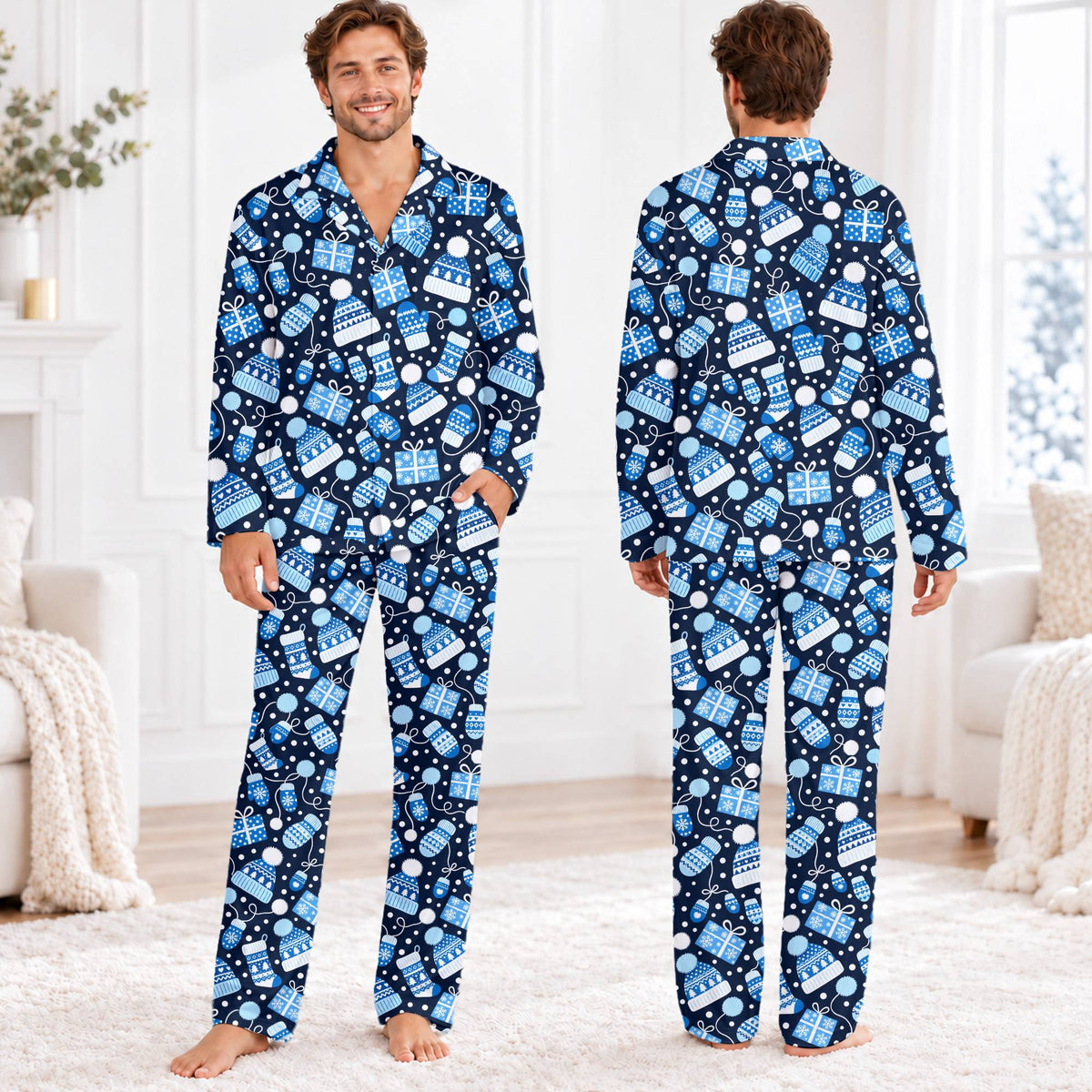 Second lifestyle image showing the blue winter holiday pajama set in use