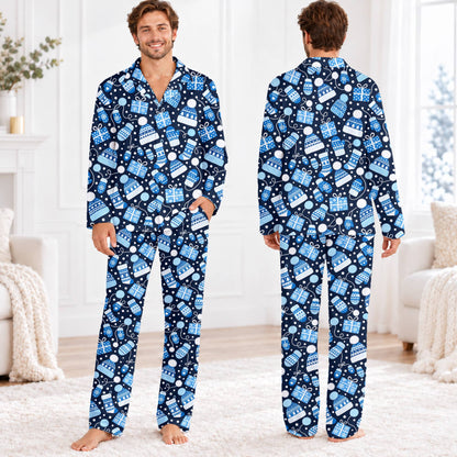 Second lifestyle image showing the blue winter holiday pajama set in use