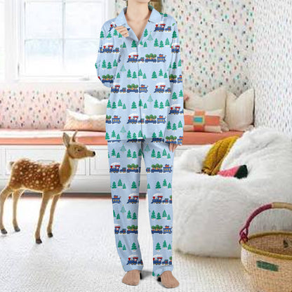 Close up lifestyle view of the cozy polyester christmas pajama set