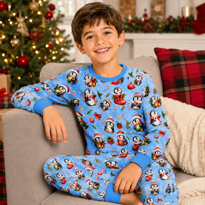 Lifestyle view of family wearing matching xmas pajamas in a cozy setting