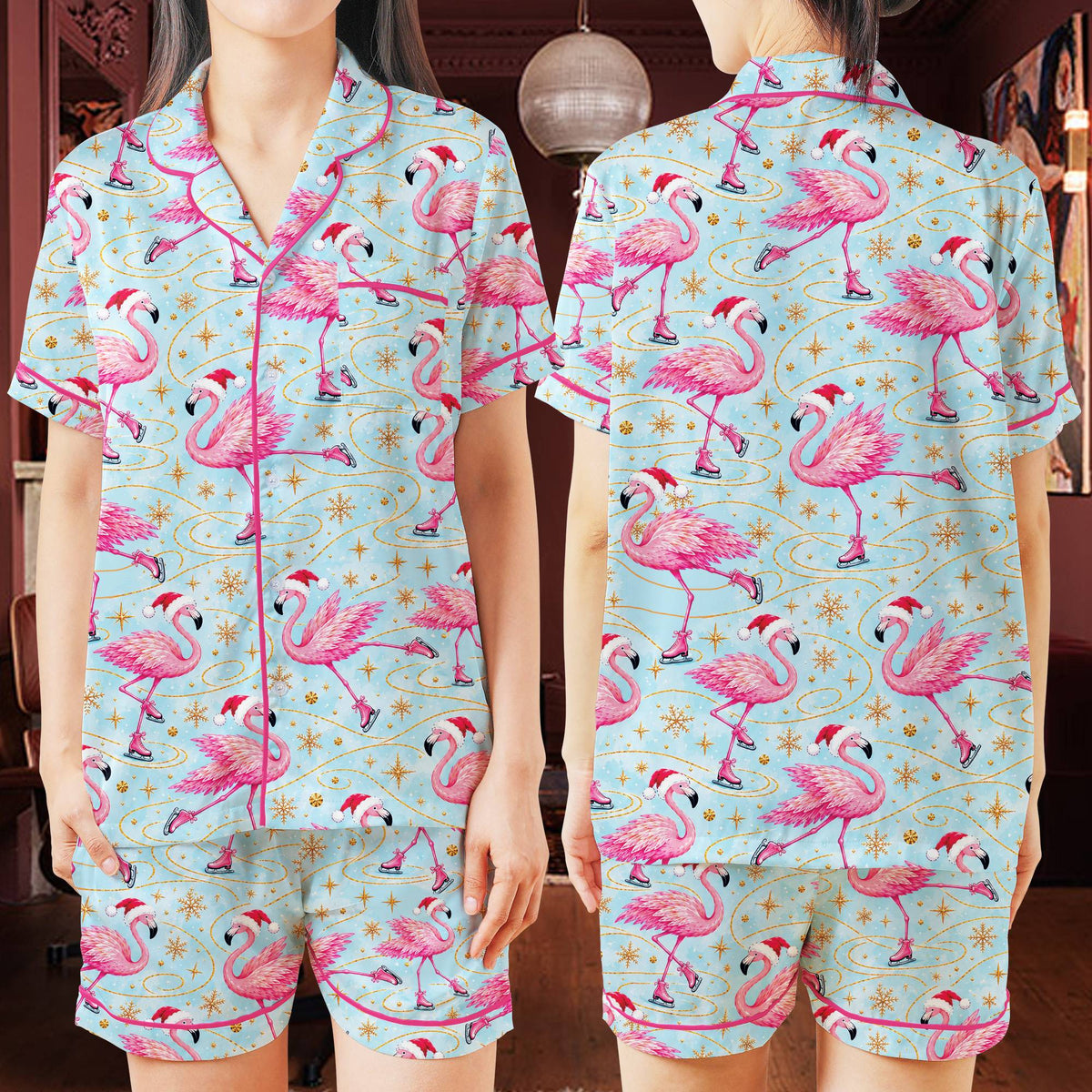 Lifestyle image of the flamingo pattern christmas pajama set being worn