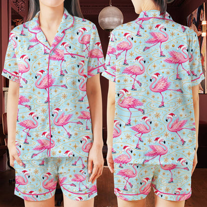 Lifestyle image of the flamingo pattern christmas pajama set being worn