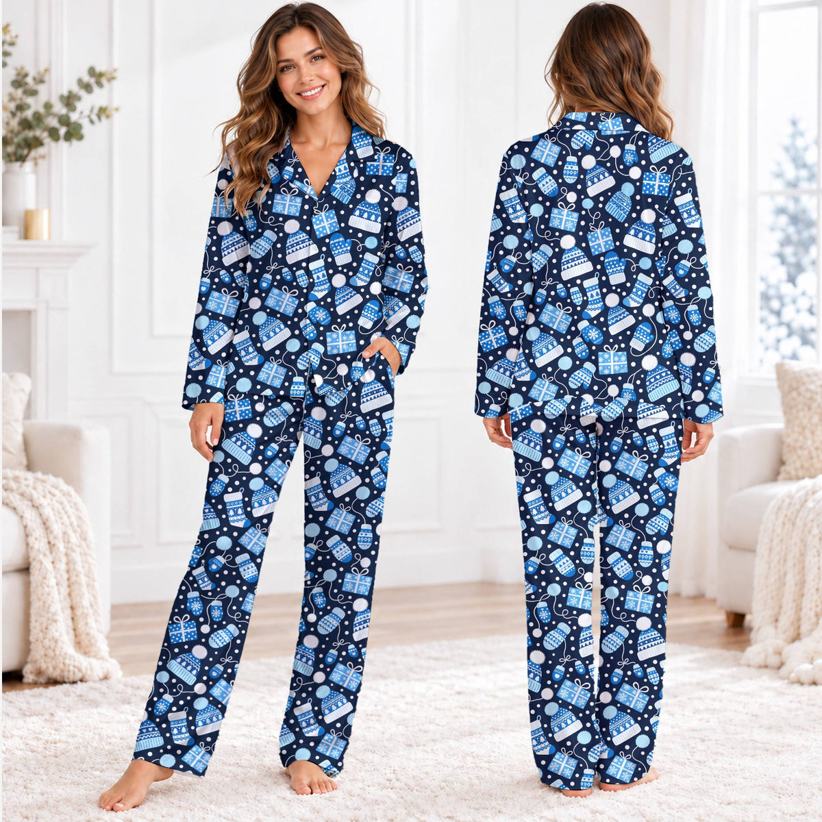 Lifestyle image of the blue matching holiday pajamas