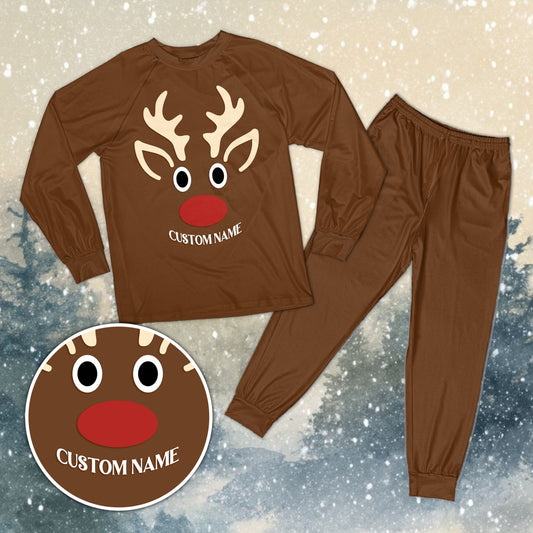 Main view of matching family pajamas for christmas in brown with custom name