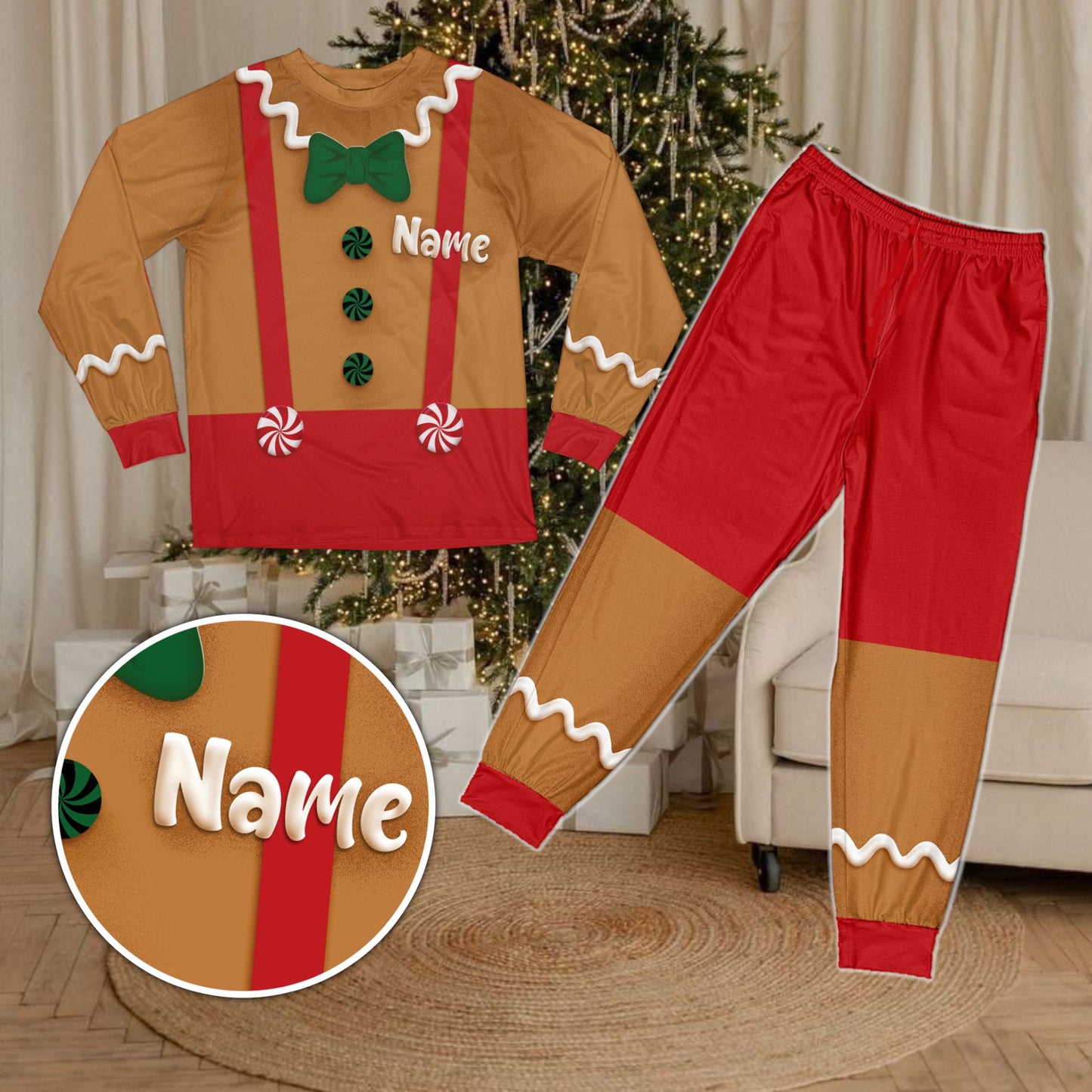 Matching xmas pajamas family set with custom name in gingerbread design, main view