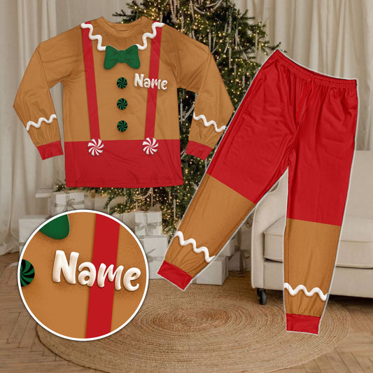 Matching xmas pajamas family set with custom name in gingerbread design, main view