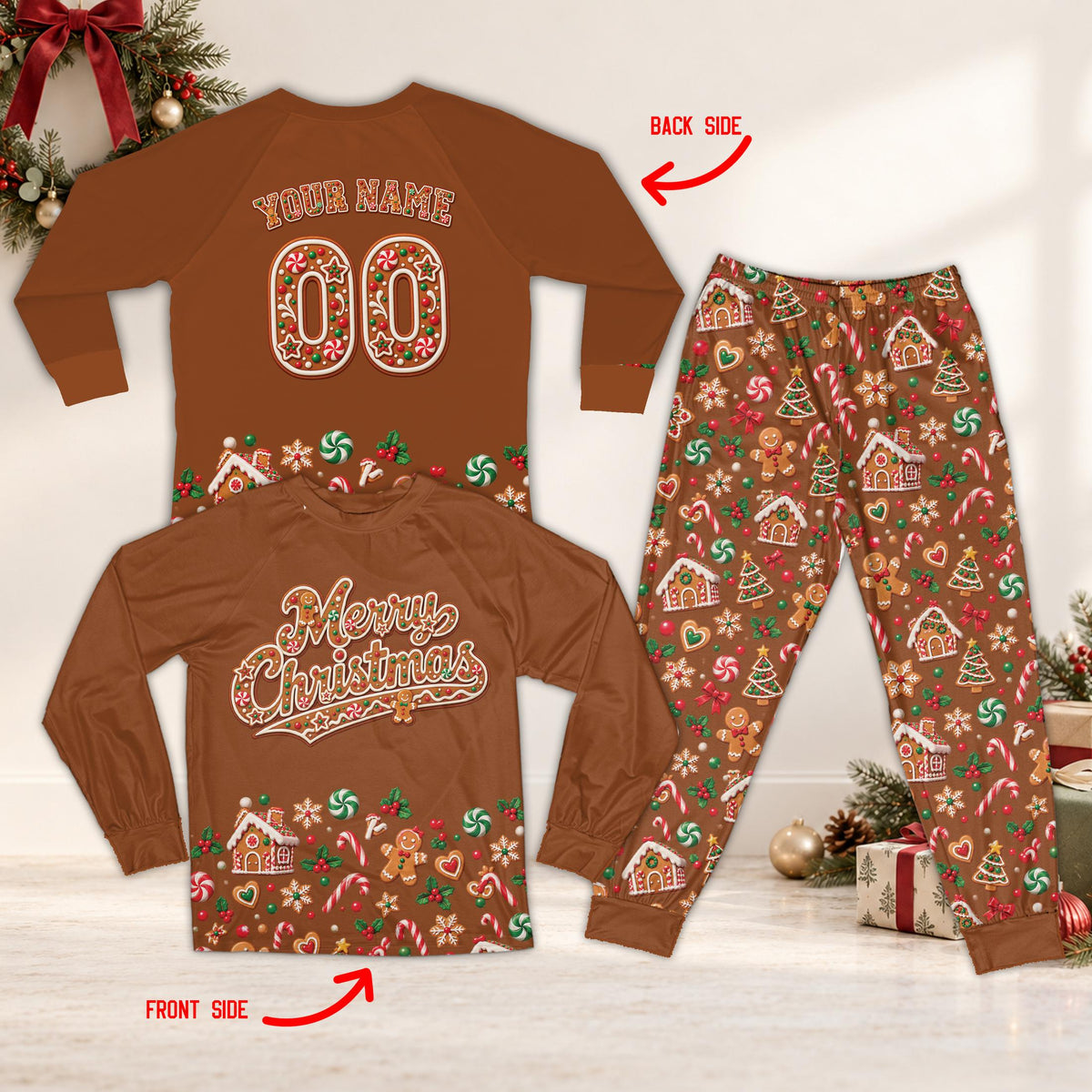 Detailed front view of the festive holiday pajama set