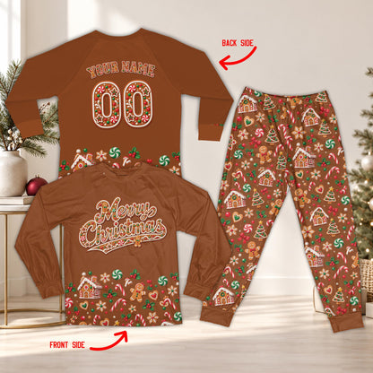Front view of the brown gingerbread christmas pajama set