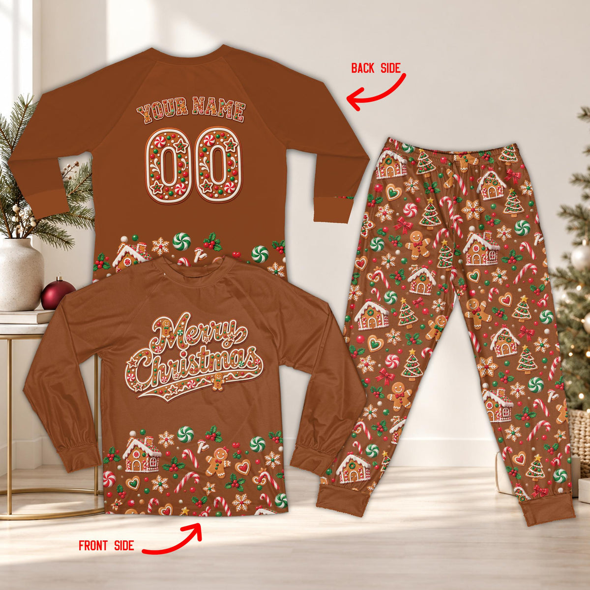 Matching family christmas pajama set featuring a gingerbread design on brown, main view