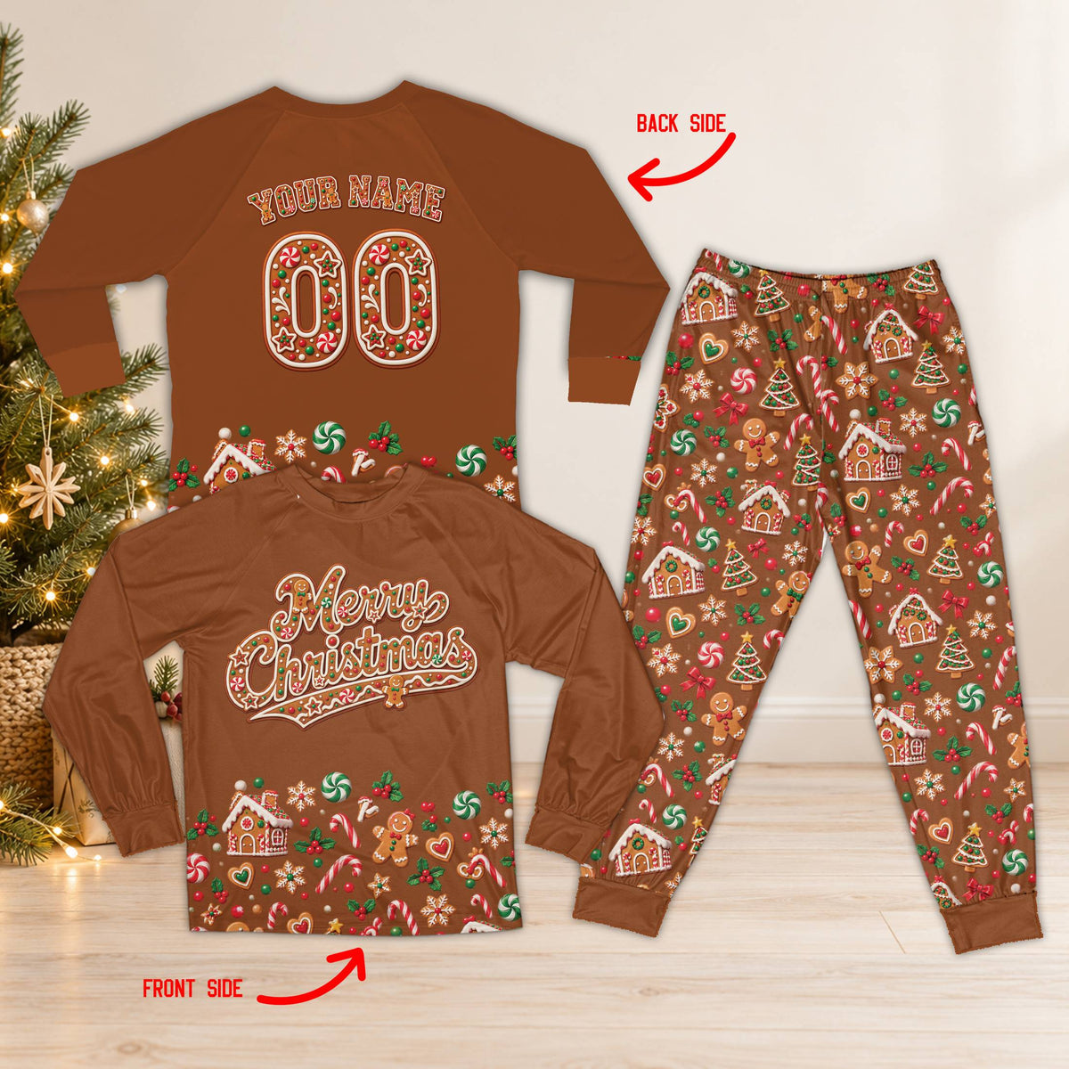 Close-up front view showing the merry christmas text on the pajama top