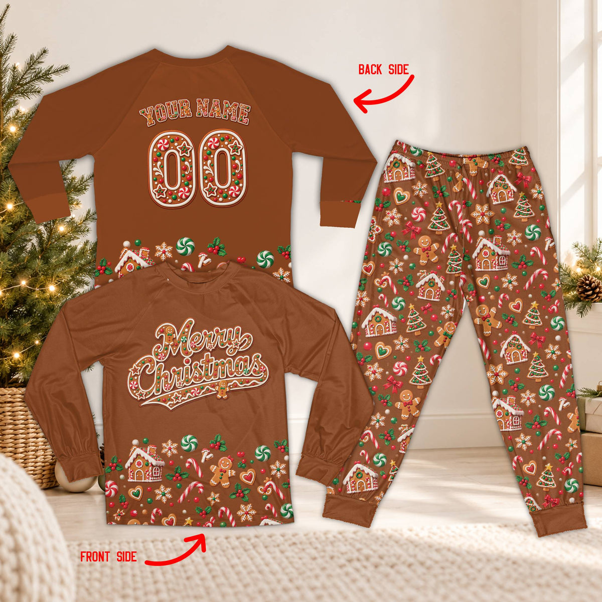 Front view of the brown christmas pajama shirt and patterned pants