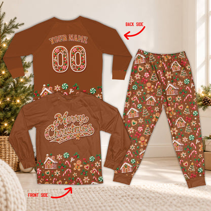 Front view of the brown christmas pajama shirt and patterned pants