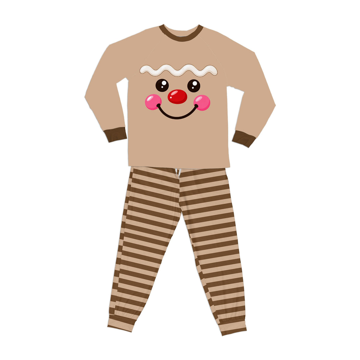 Gingerbread face design on brown top with brown and beige striped pants, front view