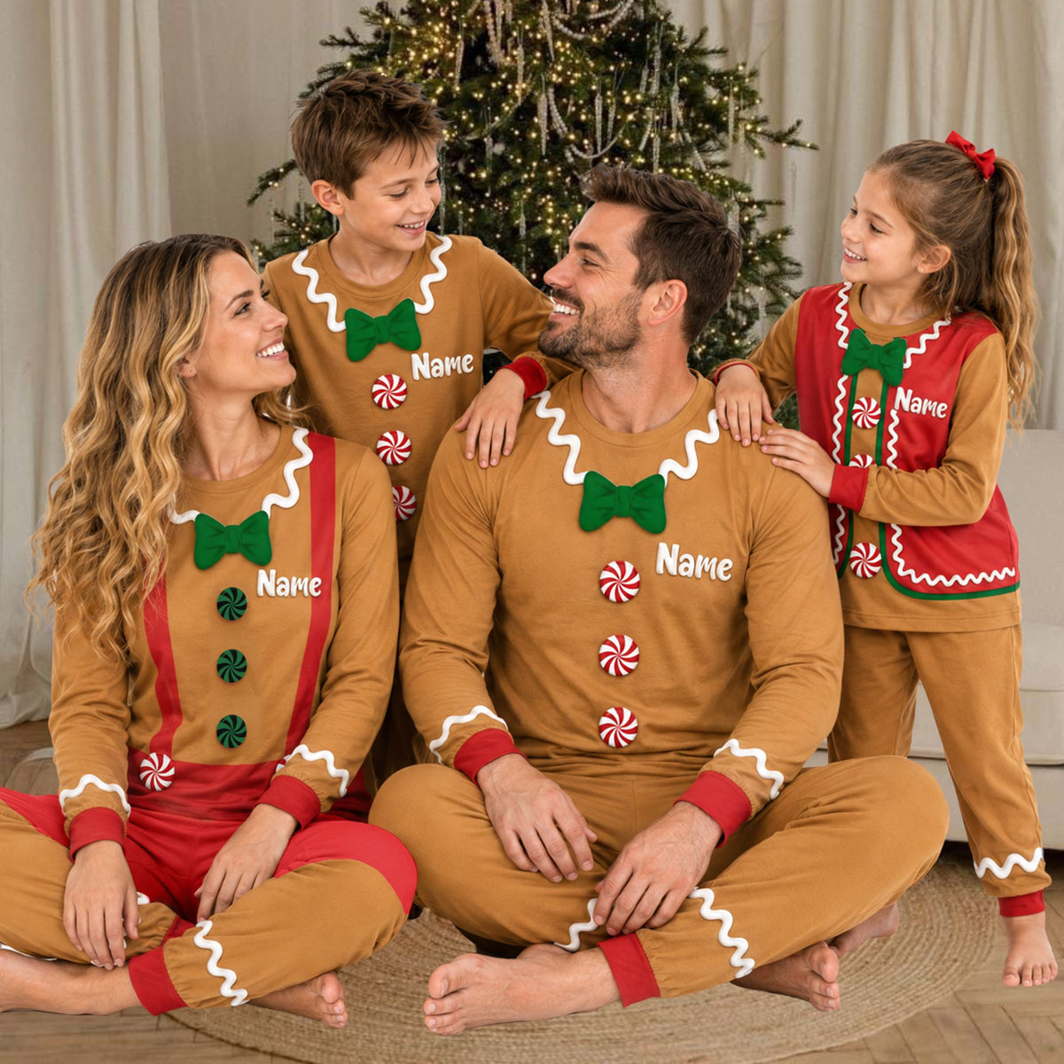 Another lifestyle view of family matching pajamas xmas in gingerbread style