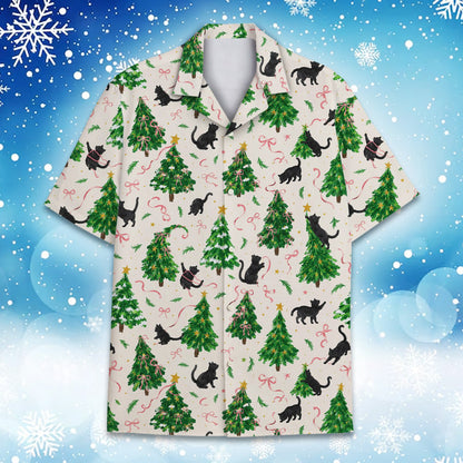 Christmas cats pajama set featuring decorated trees and black cats on a cream background, front view