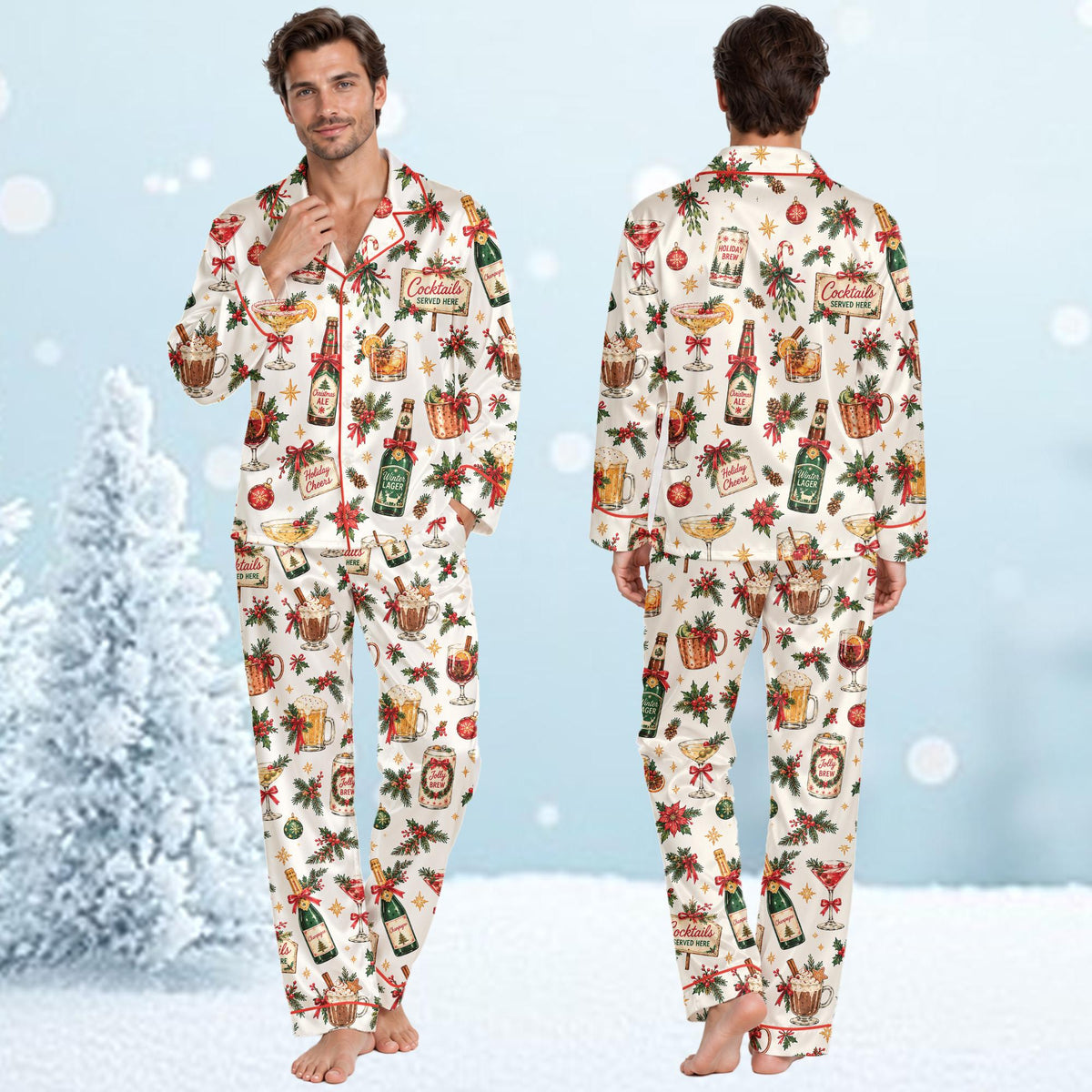 Detail of Christmas cocktails pajama top with red piping