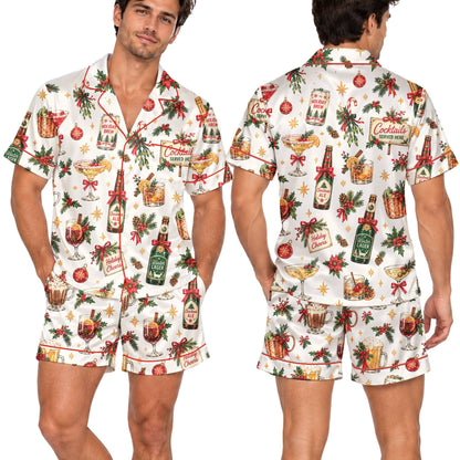 Full view of the Christmas cocktails pajama set on a white background