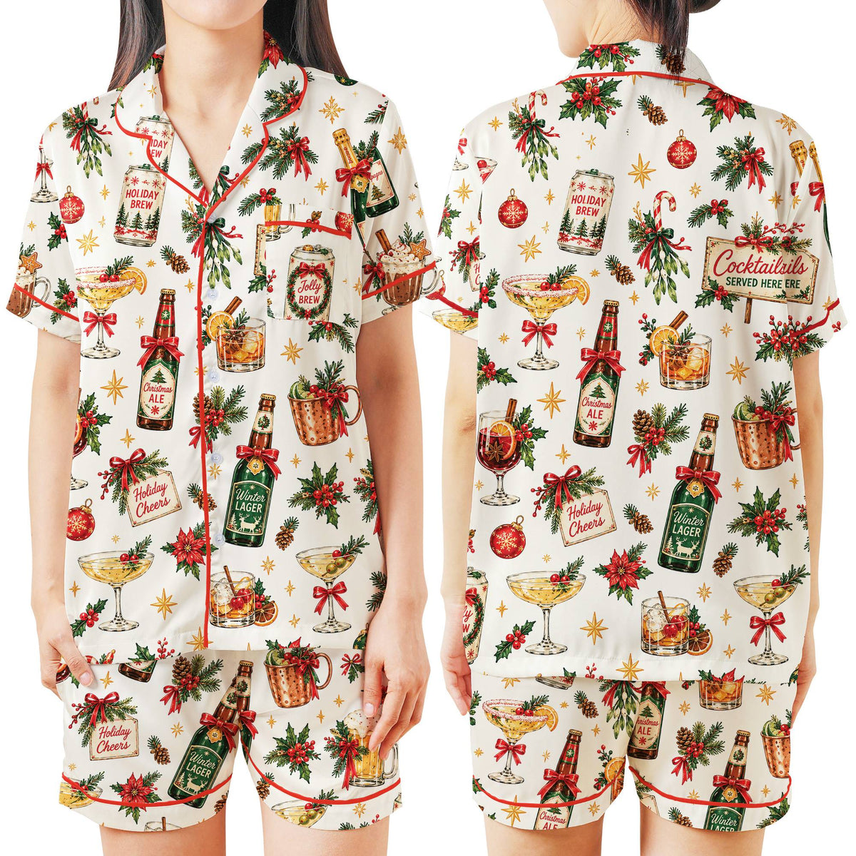 Angled view of the family matching outfits with holiday print