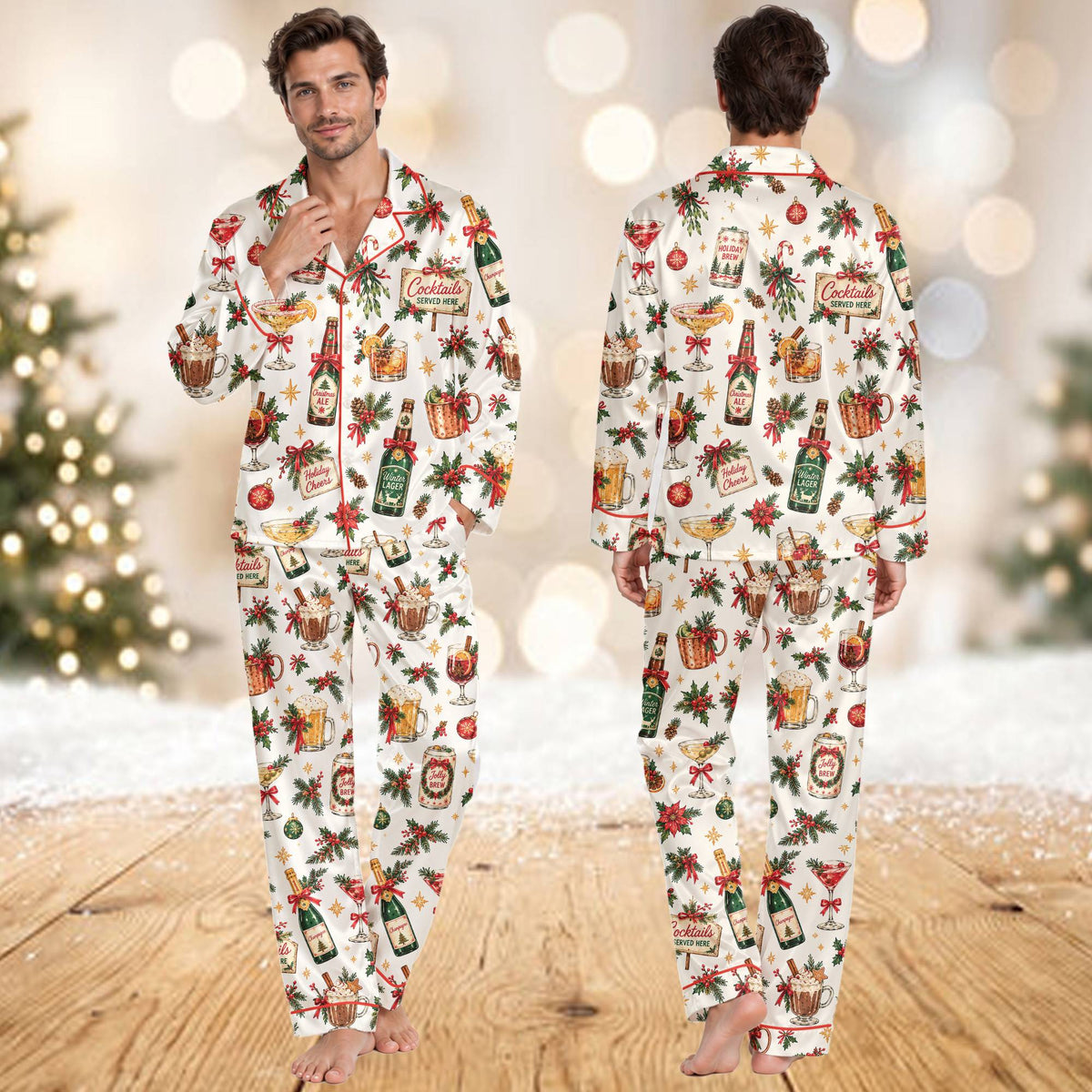 Close-up of the red piping detail on the Christmas cocktails pajama set