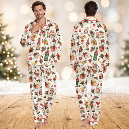 Close-up of the red piping detail on the Christmas cocktails pajama set