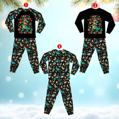 Close up of the Santa Saurus graphic on the family matching holiday pajamas top