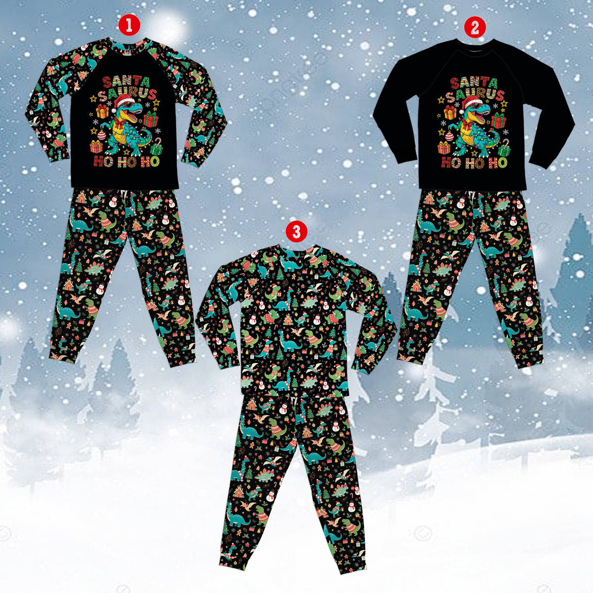 Detail view of the holiday dinosaur pattern on the pajama pants