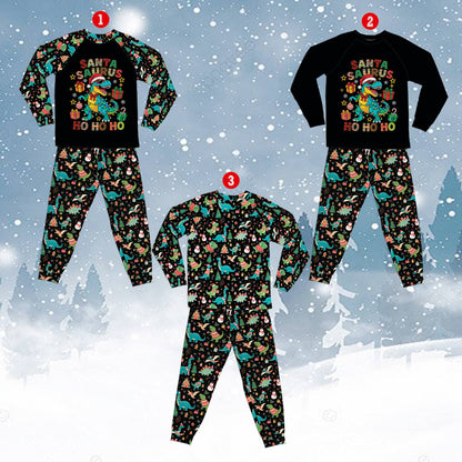 Detail view of the holiday dinosaur pattern on the pajama pants
