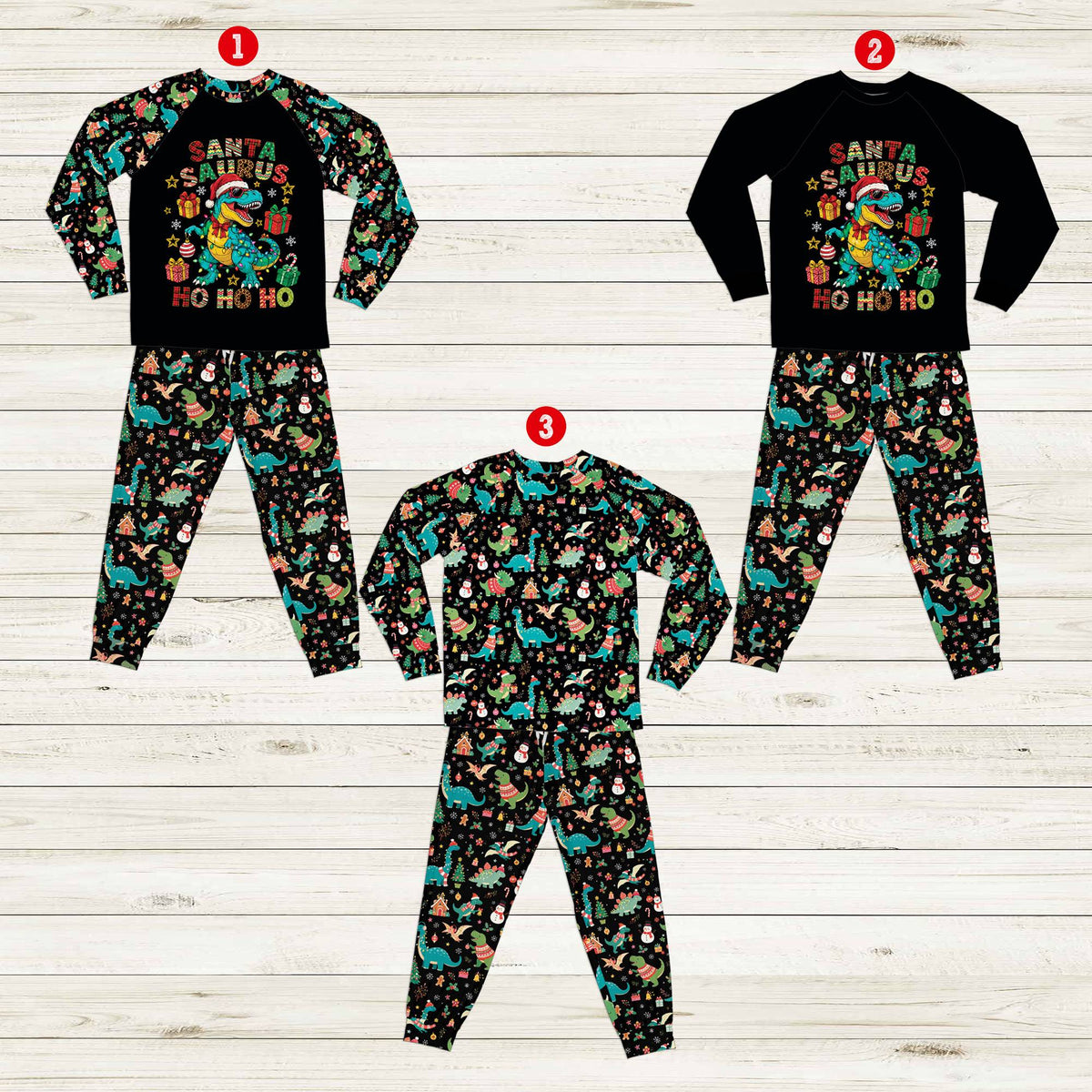 Front view of the adult size christmas dinosaur pajama set