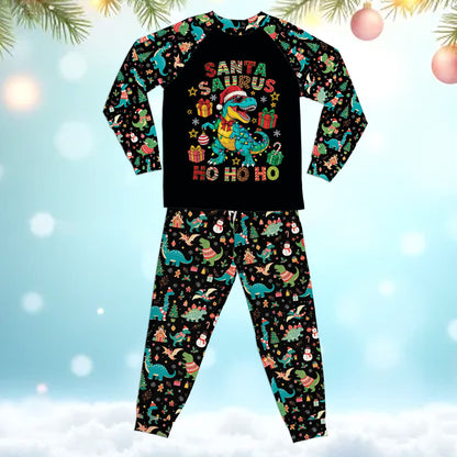 Another view of the festive dinosaur pajama top for families