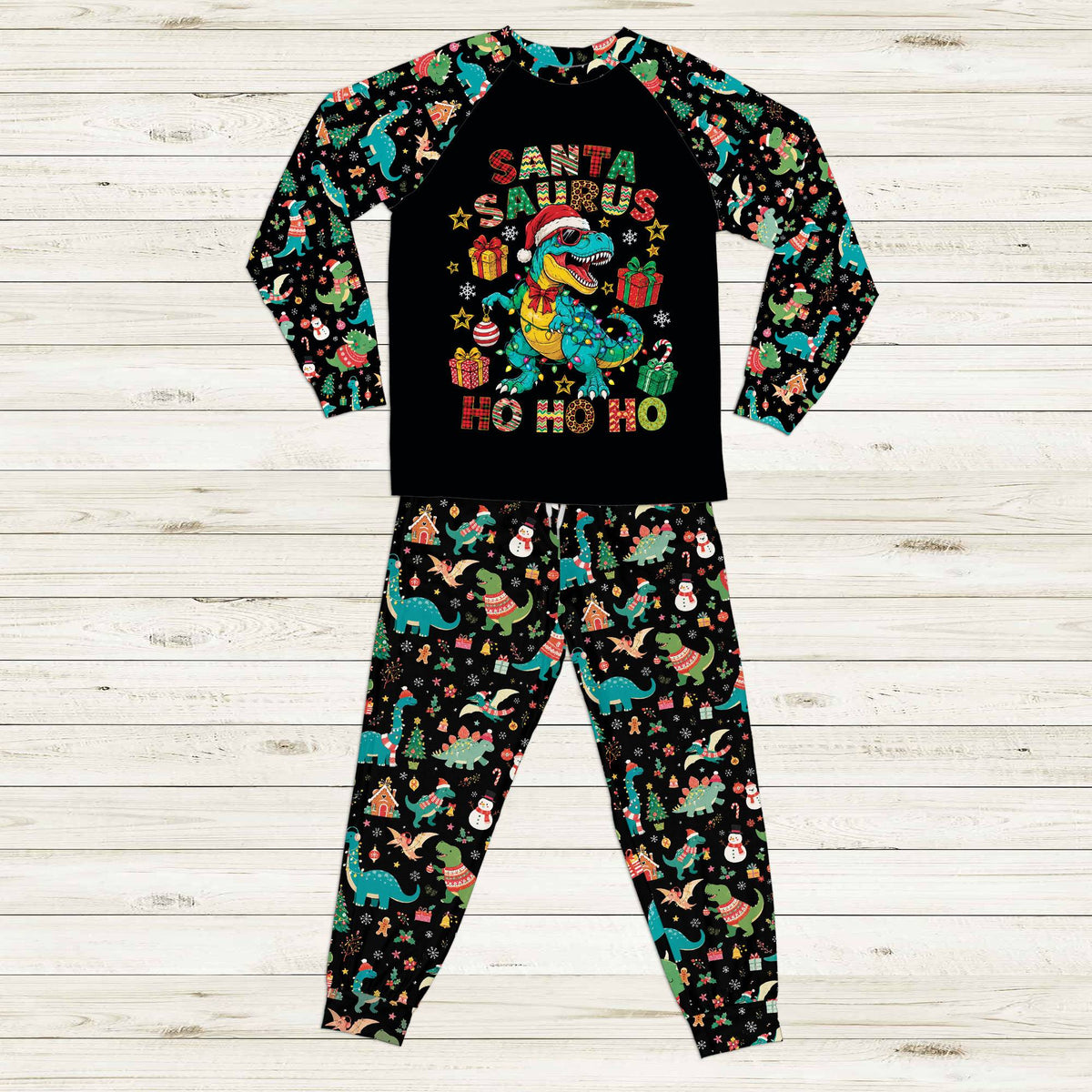 Full view of the holiday matching family pajamas set