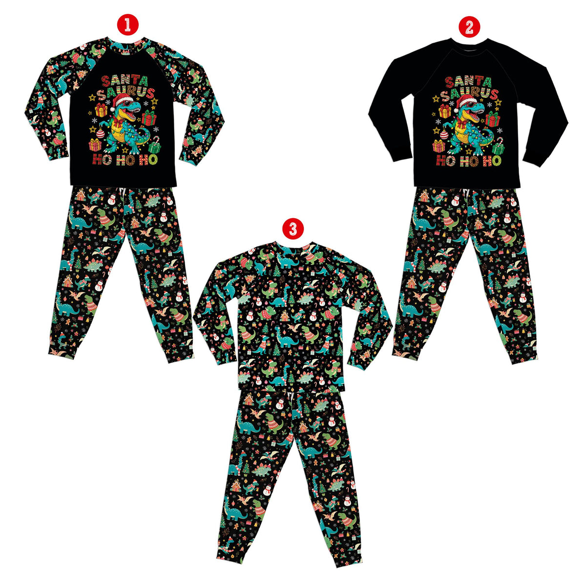 Christmas dinosaur pajama set featuring a festive Santa Saurus design on a black background
