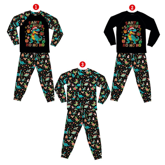 Christmas dinosaur pajama set featuring a festive Santa Saurus design on a black background