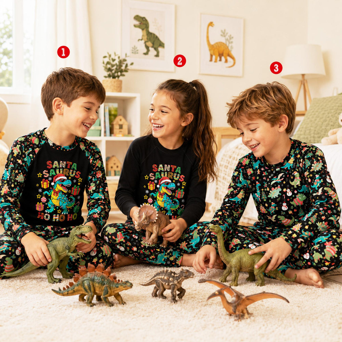 Lifestyle image of a family wearing the christmas dinosaur pajama set