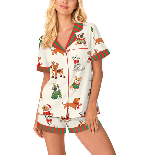 Main view of the matching family christmas dogs pajama set in beige