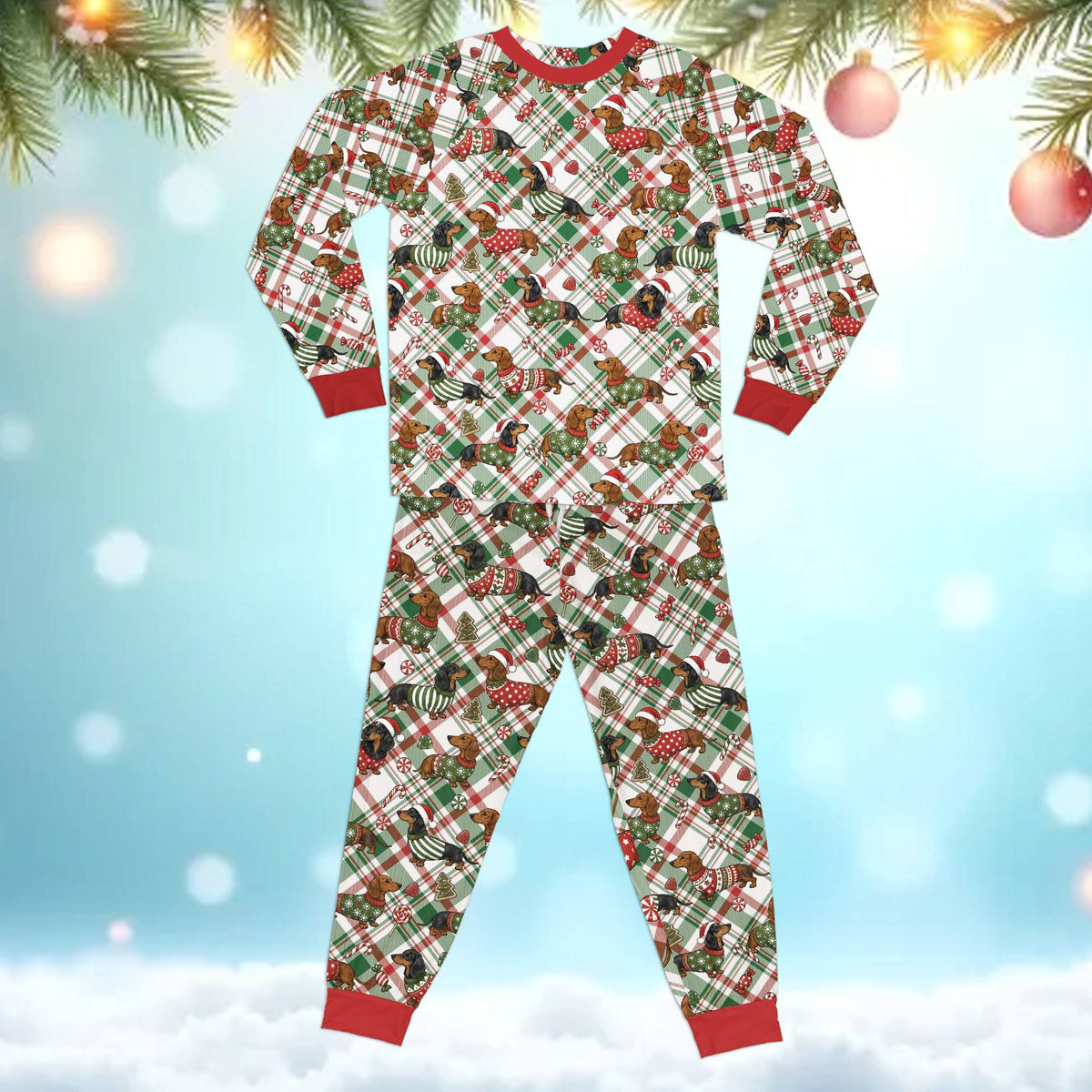 Detailed view of the Christmas dog matching plaid family pajamas