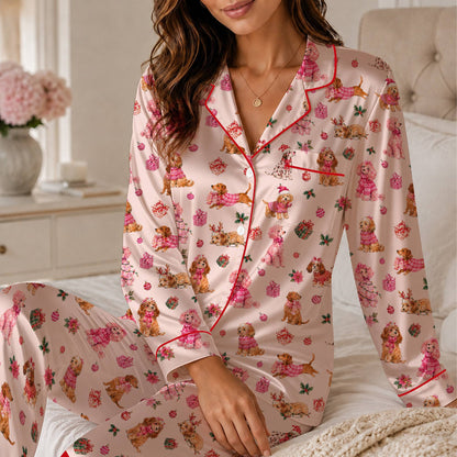 Lifestyle view of the holiday matching family pajamas